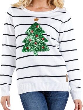 Tipsy Elves White & Black Striped Sweater with Green Sequin Christmas Tree